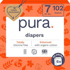 Pura Size 7 Eco-Friendly Diapers (33+lbs) Hypoallergenic, TCF, Soft Organic Cotton, Sustainable, up to 12 Hours Leak Protection, Allergy UK, Recyclable Paper Packaging, 6 Packs of 17 (102 Diapers)