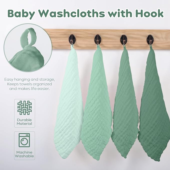 Yoofoss Muslin Baby Washcloths 100% Organic Cotton Face Towels 6 Pack Wash Cloths for Baby 12x12in Soft and Absorbent Baby Wipes (Gradient Green)