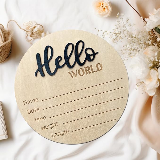 Baby Announcement Sign, 5.9 Inch Wooden Hello World Newborn Signs, Birth Announcement Sign, Baby Shower Hospital Nursery for Newborn Boys and Girls (Black)