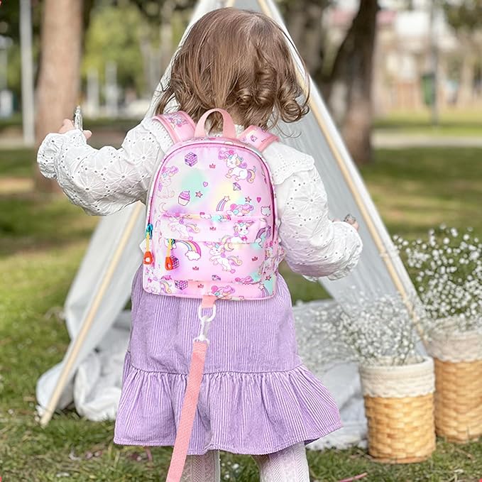 Accmor Toddler Backpack Leash with Anti Lost Wrist Link, Cute Mini Child Walking Harnesses Keep Kids Close Back Pack Rope Tether Rein for Baby Girls (Pink Colorful/Unicorn)