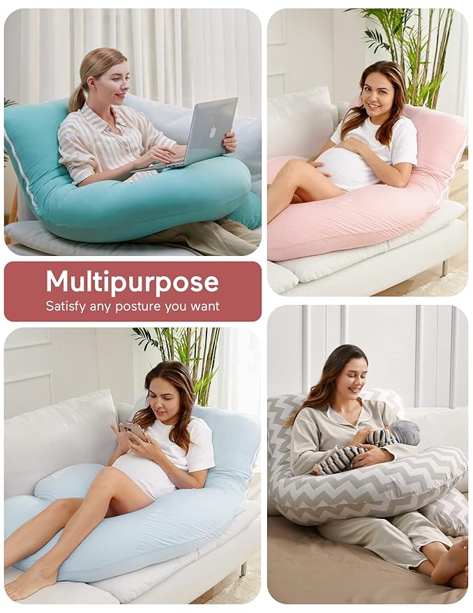 Momcozy U Shaped Pregnancy Pillows with Cotton Removable Cover, 57 Inch Full Body Pillow Maternity Support, Must Have for Pregnant Women, Hatha Grey