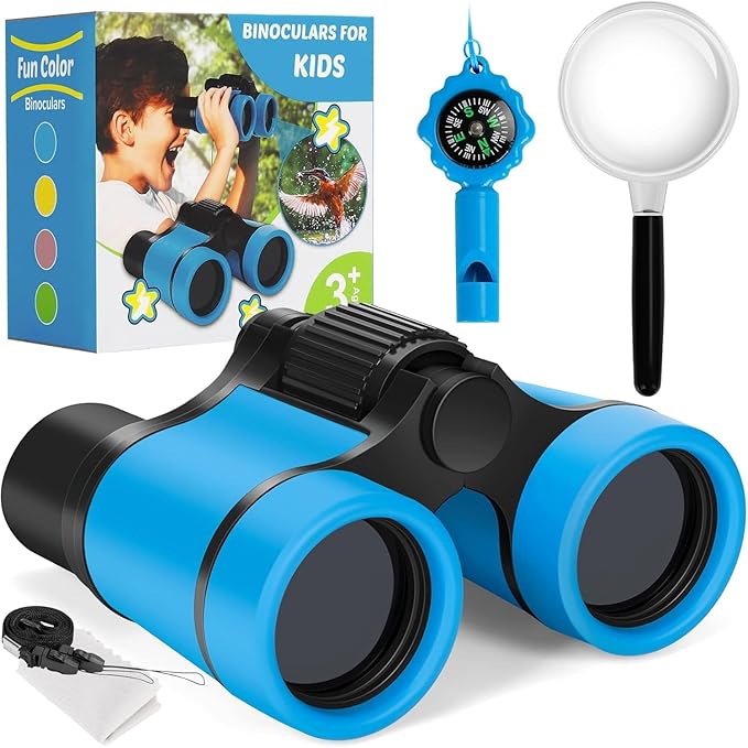 Binoculars for Kids, Kids Binoculars Toys for 3 4 5 6 7 8 Years Boys and Girls, Set with Magnifying Glass & Compass - Birthday Gifts Outdoor Toy for Kid Ages 3-8 Toddler Camping (Blue)