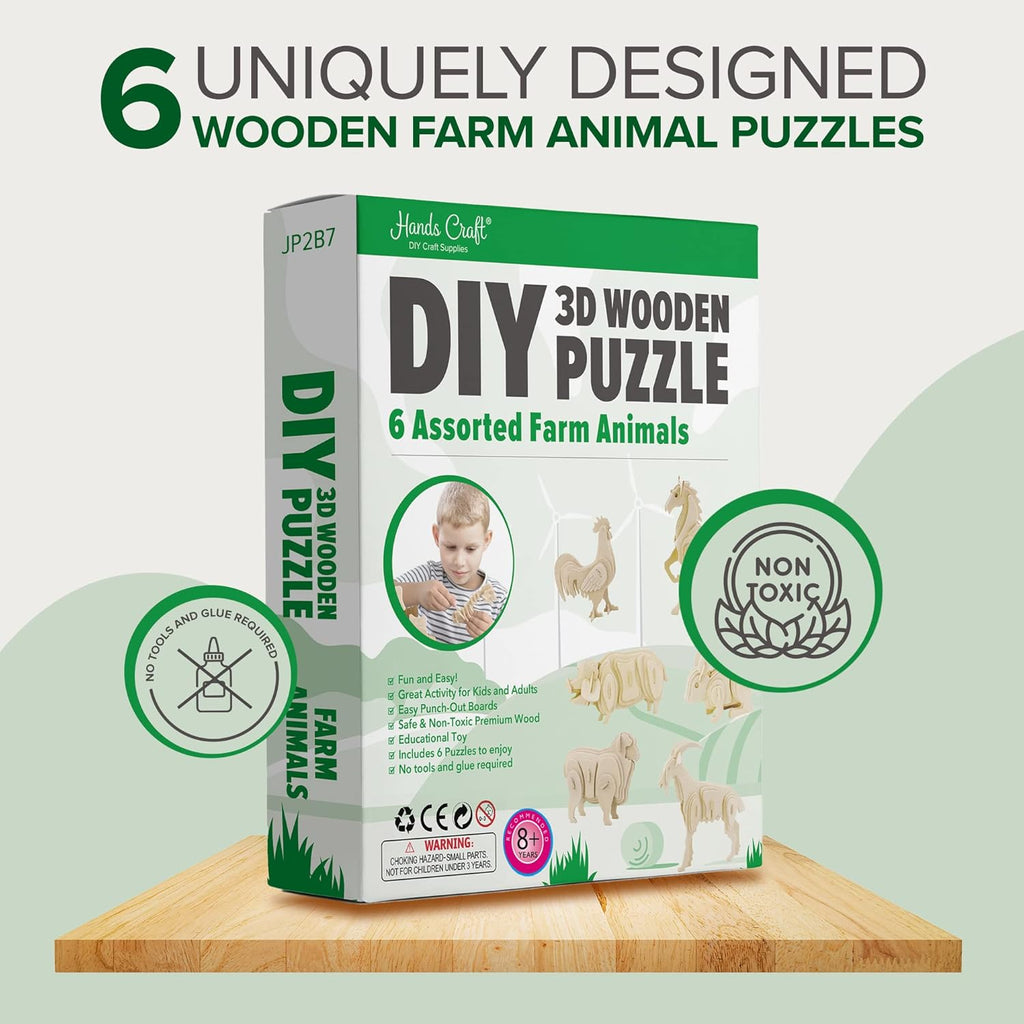Hands Craft DIY 3D Wooden Puzzle – 6 Assorted Farm Animals Bundle Pack Set Brain Teaser Puzzles Educational STEM Toy Adults and Kids to Build Safe and Non-Toxic Easy Punch Out Premium Wood JP2B7