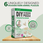 Hands Craft DIY 3D Wooden Puzzle – 6 Assorted Farm Animals Bundle Pack Set Brain Teaser Puzzles Educational STEM Toy Adults and Kids to Build Safe and Non-Toxic Easy Punch Out Premium Wood JP2B7