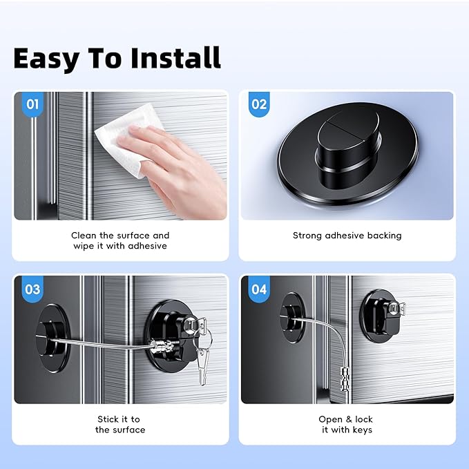 2 Pack Refrigerator Lock with Sticky Adhesive Pads, Child Proof Refrigerator/Fridge/Freezer Door Lock for Toddlers and Kids, Baby Safety Locks for RV Refrigerator, Cabinets and Drawers, Oven (Patent)