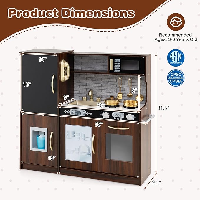 HONEY JOY Kids Kitchen Playset, Wooden Little Chef Pretend Toy Kitchen Set w/Chalkboard, Telephone, Utensils, Oven, Microwave, Sink, Storage, Play Kitchen for Toddlers Boys Girls, Espresso