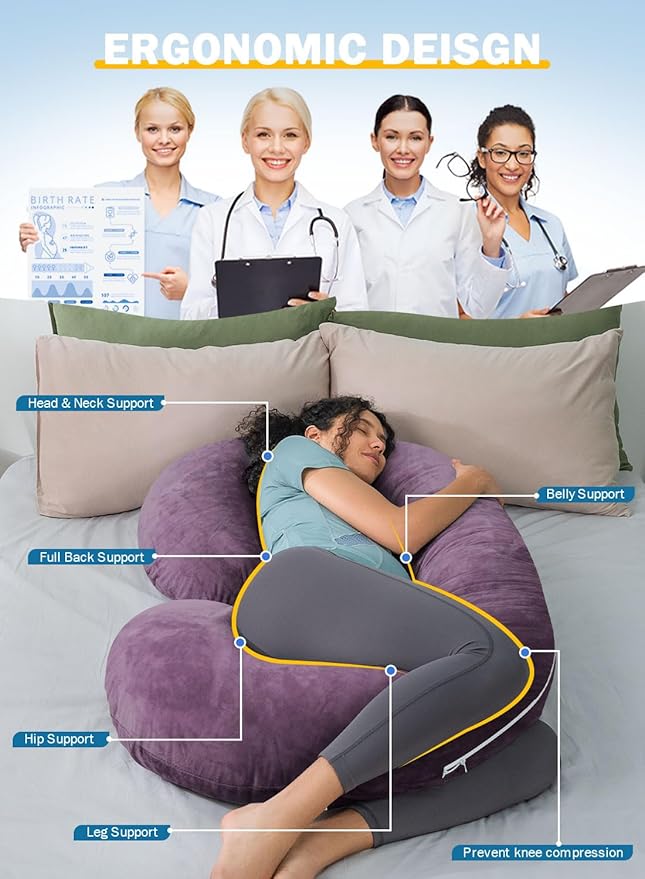 INSEN Pregnancy Pillow,Maternity Body Pillow with Velvet Cover,C Shaped Body Pillow for Sleeping (Cozy Velvet-Lavender)