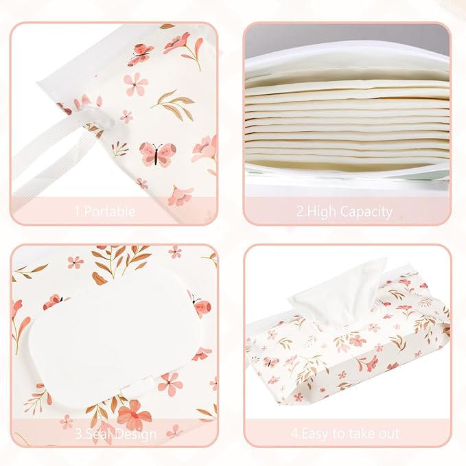 FEBSNOW 4 Pack Baby Wipes Dispenser Holder, Portable Refillable Baby Wet Wipes Pouch Container Reusable Travel Case for Outdoor Hiking, Green Leaves