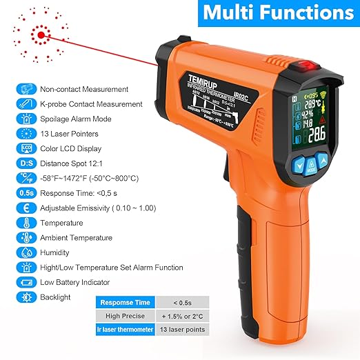 Infrared Thermometer Gun, TEMIRUP Digital Laser Temperature Gun, -58°F to 1472°F, Non Contact IR Temp Gun with Color LCD for Industrial, Cooking, Griddle, Engine, HVAC,Adjustable Emissivity & Humidity