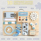 Joyreal Montessori Busy Board with LED Lights, Autism Sensory Travel Toys, Fidget Board Ideal Gift for Boys Girls Wooden Toddler Toys