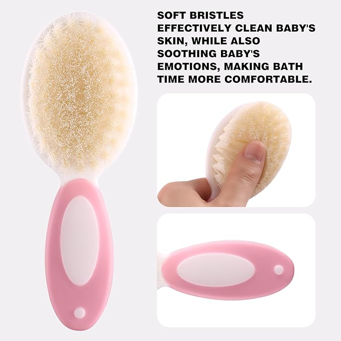 Baby Grooming Kit with Storage Pouch Baby Brush Soft Bristles 5 pcs-Infant Brush, Rounded Comb, Safety Scissors, Nail Clippers & Emery Board -Health Care Kit for Newborns & Toddlers Pink