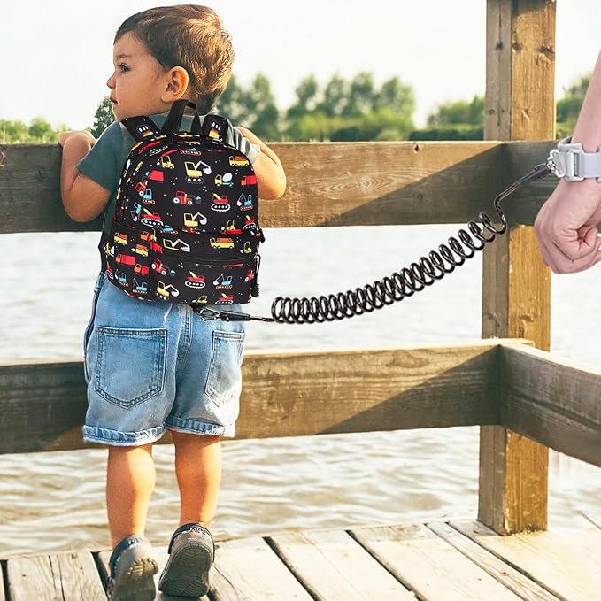 Accmor Toddler Backpack Harness with Leash, Cute Baby Backpacks with Anti Lost Wrist Link, Mini Kids Backpack Tether Walking Harness for Travel Outdoor, Black Excavator Backpack Tether for Boys Girls