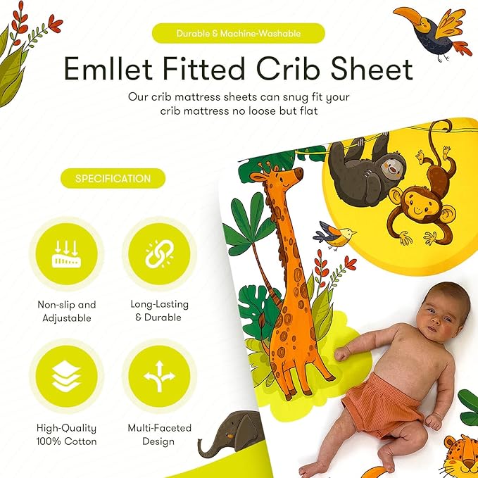 100% Cotton Crib Sheet – “Safari Friends” Jungle Animals Theme, Cute Breathable Bedding for Babies, Fits Standard Crib 52x28 Inches