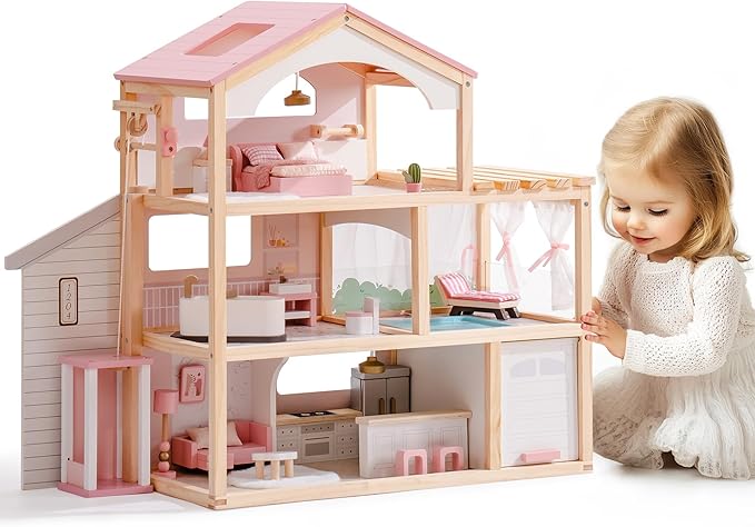 ROBOTIME Wooden Dollhouse, Doll House with 29 Pieces Furniture Set - Pool and Elevator, Wooden Doll House for 4, 5, 6-Inch Dolls, 6 Rooms Pink Dollhouse Gift for Kids Girls Ages 3+ (Pink)