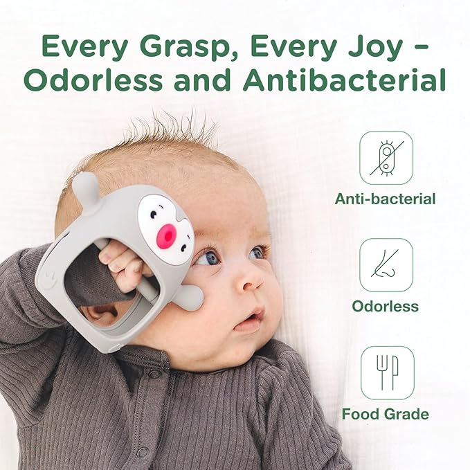 Teething Toy for Infants & Babies, Teethers for Babies 3-6 Months, Baby Teethers 0-6 Months, Teething Toys 6-12 Months, TotCo Never-Drop Baby Teething Toy, Grey