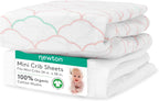 Newton Baby Mini Crib Fitted Sheets (2-Pack) | Organic Muslin Cotton, Ultra Breathable & Soft Baby Sheets, Washable Baby Mattress Sheets, Fits Any Mini Sized Crib 24" x 38", Dreamweaver Coral + White