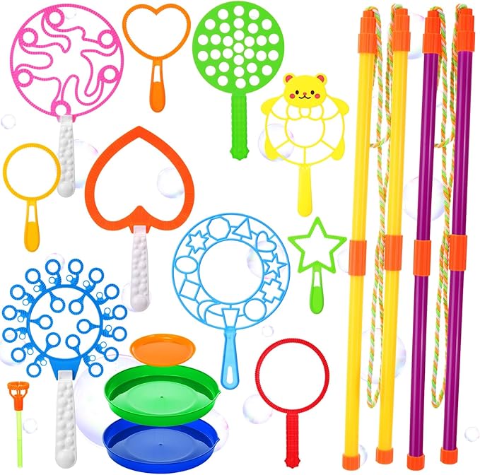 Lenwen 16 Pcs Giant Bubble Wands Kit Big Maker Toy Large Gigantic Bubble Wands with Refill and Tray for Summer School Birthday Outdoor Playtime Fun Activity Party Favors (Various)