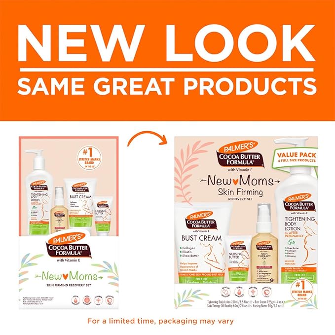 Palmer's Cocoa Butter Formula New Moms Skin Recovery Postpartum Essentials, Body Lotion (8.5 oz) + Nursing Butter (1.1 oz) + Bust Cream (4.4 oz) + Skin Therapy Oil (2 oz), Dermatologist Approved