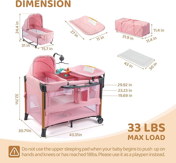 JOYMOR 7 in 1 Bedside Bassinet with Changing Table, Baby Girl Bassinet, Pink Bedside Sleeper with Mattress, Sheet, Canopy, Storage Shelf