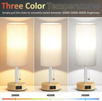 Wood Grain Bedside Table Lamps Set of 2-3 Color Temperatures Pull Chain Lamp with AC Outlet Charging Port, Round Night Stand Lamps for Bedroom Office, Small Bed Light with E26 LED Bulbs