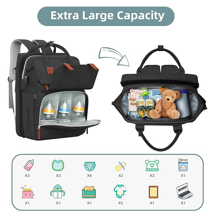 Diaper Bag Backpack with Changing Station, Large Diaper Bag, Baby Bag, Multifunctional Diaper Bag, Black