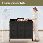 Baby Changing Table with 9 Fabric Drawers, Waterproof Diaper Changing Station & Pad, Mobile Nursery Diaper Changing Table, Baby Furniture, Bedroom, Black