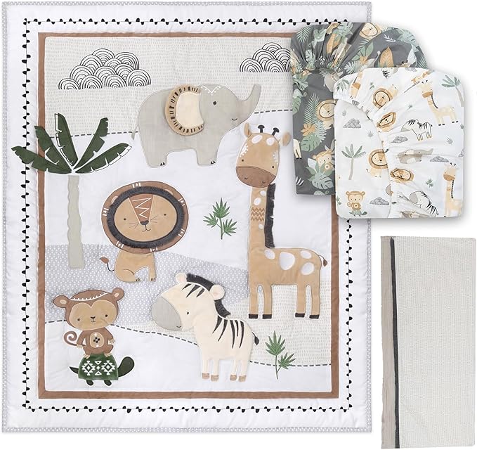 The Peanutshell 4 Piece Organic Cotton Baby Crib Bedding Set for Boys & Girls - Newborn, Infant & Toddler Nursery Bed Set Decor with Two Crib Sheets, Dust Ruffle Comforter - Safari Serenity