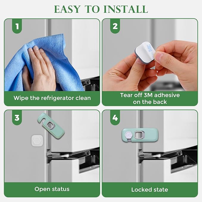 5Pack Child Proof Refrigerator Lock, Baby Proofing Cabinet Locks, oven lock child safety, fridge lock, for Fridge, Drawers, Dishwasher, Oven, Cupboard, Closet, Adhesive, No Tools Need(Green)