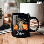 Personalized Maine Coon with Pumpkins Cup for Halloween, Maine Coon Wearing Witch Hat Coffee Mug, Cat Halloween Ceramic Cup 11oz 15oz, Pet Cat Black Mug, Gift for Pet Lover Dad Mom Children