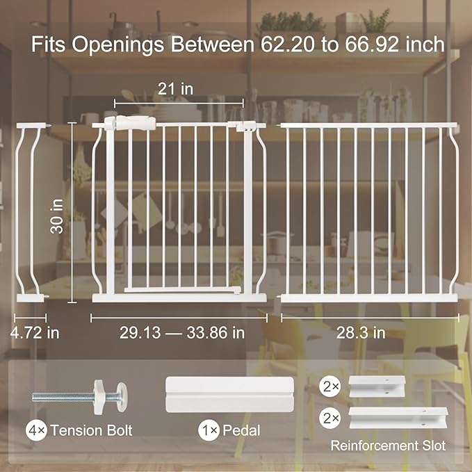 Extra Wide Baby Gate with Door Pressure Mounted 62.20-66.92 Inch,Child Baby Gates for Doorways No Drilling,Walk Through Dog Gate Indoor for The House Kitchen Stairs,White