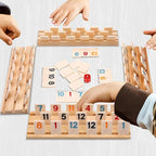 Upgraded Rummy Cube Game Set 4 Players with 4 Wooden Holders and 108 Rummy Melamine Tiles, Travel Family Board Game for Adults and Kids