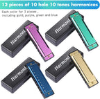 12 Pcs Harmonica Set 10 Hole 10 Hole 10 Tones Titanium Color Harmonica with Case Diatonic Chromatic Harmonica Musical Mouth Organ for Beginner Students Adults Instruments Gifts, 4 Colors