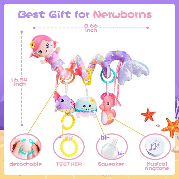 Koty Carseat Toys Hanging, Pink Mermaid Stroller Toys for Babies 0-6 Months, Baby Car Seat Toy with Crinkle, Teether, Music Box, Rattle, BB Squeaker for Babies Boys Girls Gifts (Pink Mermaid)