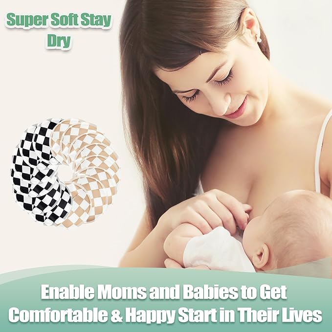 wegreeco Nursing Breast Pads (14 Pack) + Laundry Bag & Travel Storage Bag, 4.7 inch - Washable & Reusable Breastfeeding Nursing Pads (Light Coffee, Black Checkerboard, Large, Contoured Shape)