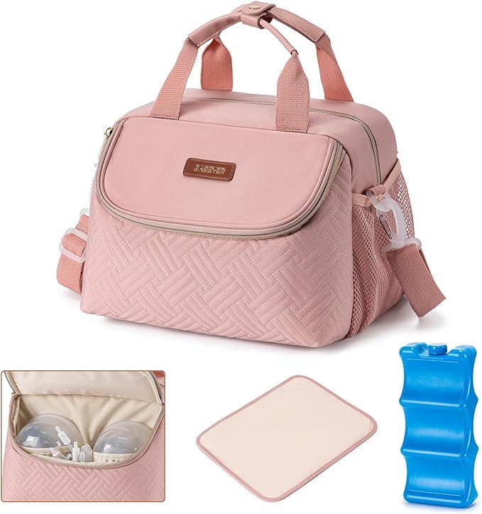 Breastmilk Cooler Bag with Ice Pack Fits 6 Baby Bottles up to 9 Ounce, Wearable Breast Pumps Cooler Bag for Nursing Mom Daycare, Work, Travel- Pink