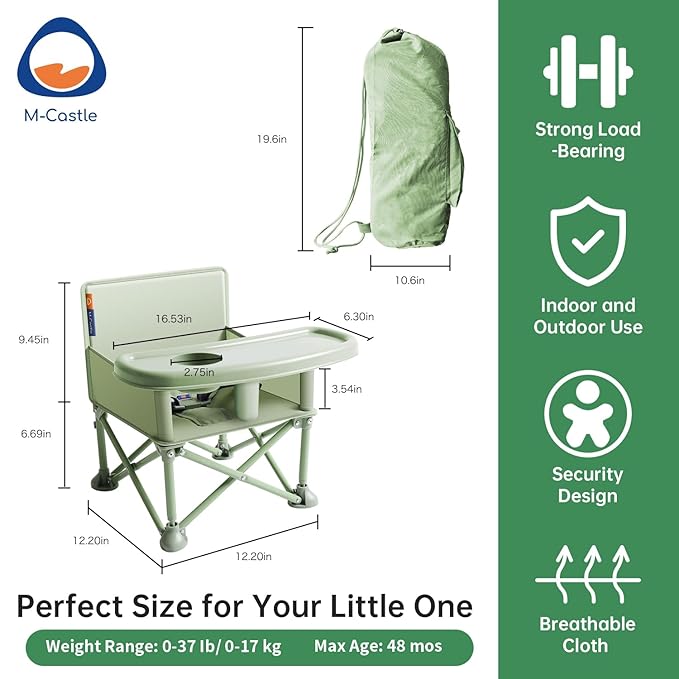 New Portable Travel Booster Seat with Tray|Foldable Infant Seat Booster Dining Chair|Great for Camping, Beach, Lawn|Toddler, Child Camping Chair 6 Months - 3 Years Old (Green)