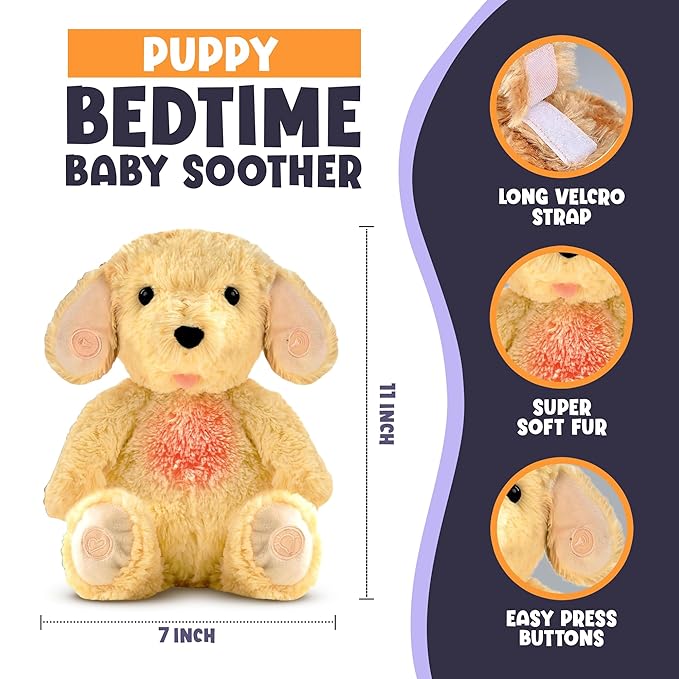 Gemma Joy Bedtime Baby Soothers for Sleep, Cry Activated Heartbeat Stuffed Animal for Baby, Newborn, Calming Light, Lullaby Music, White Noise, Shush and Mother’s Heartbeat - (Puppy, Rechargeable)