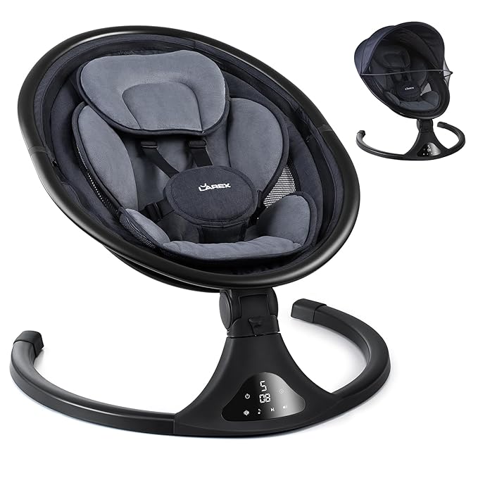 LAREX Baby Swing to Toddler Electric Infant Swing Portable for Newborn Boy Girl, 5 Sway Speeds with Remote Control, 12 Preset Melodies and Bluetooth, 0-6 Months Max 20 Lbs (2024 Model-Black)