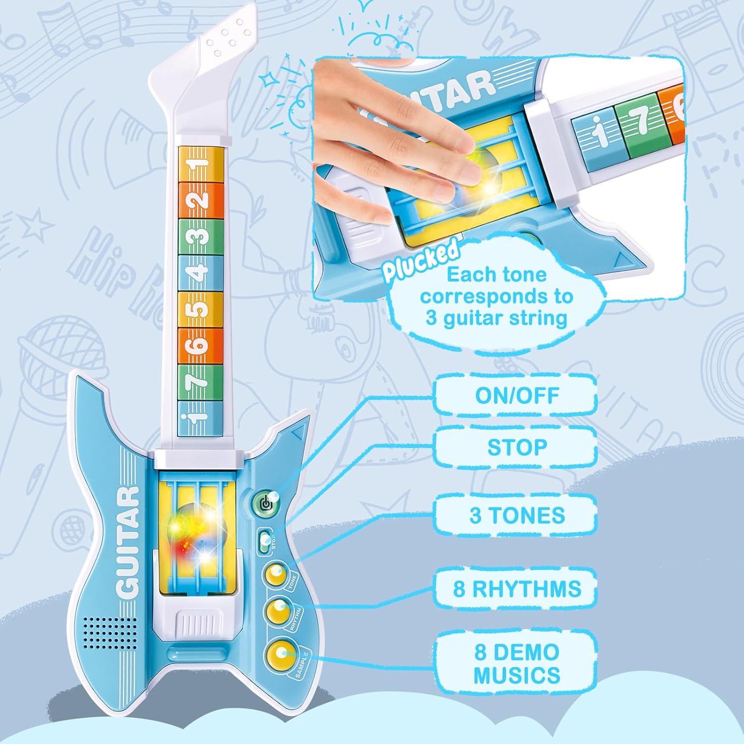 deAO Kids Guitar and Microphone Set with Stand Adjustable Height Music Light Karaoke Music Toys Christmas Birthday Gift for Kids Boys Girls (Blue)