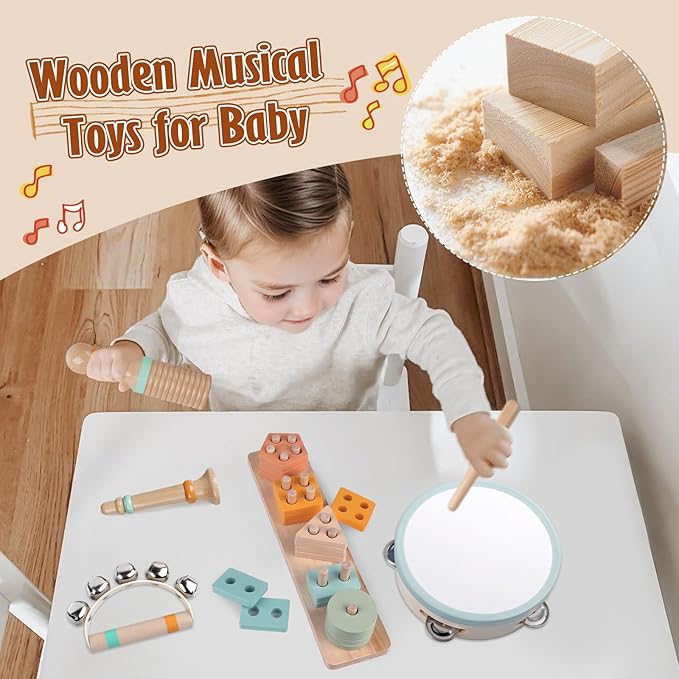 Musical Instruments Wooden for Kids 1-5 Year, Percussion Instruments Music Toy Set with Tambourine, Handbells, Clarinet, Sounder for Toddlers, Montessori Educational Toys for Baby (Natural Color)