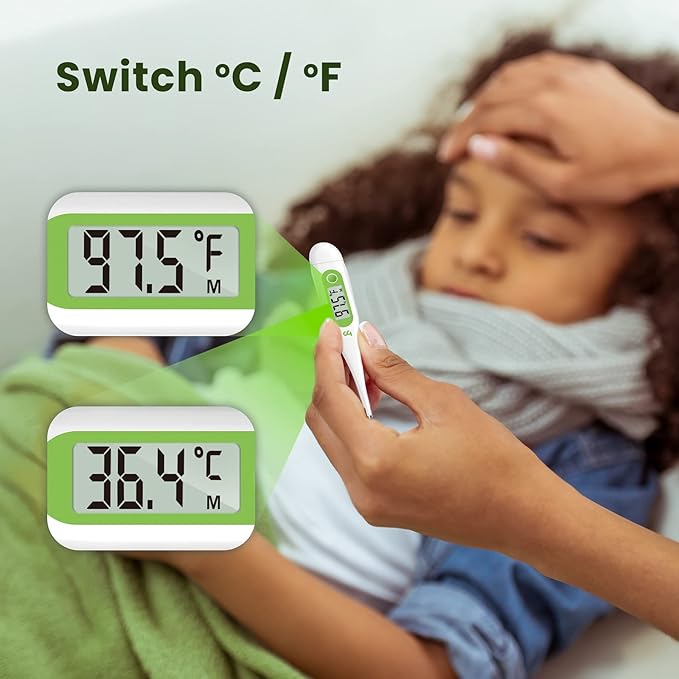 Femometer Thermometer for Adults and Kids, Digital Thermometer with Fever Alert, Memory Recall, C/F Switchable, for Oral, Rectal or Under Arm Use, Green