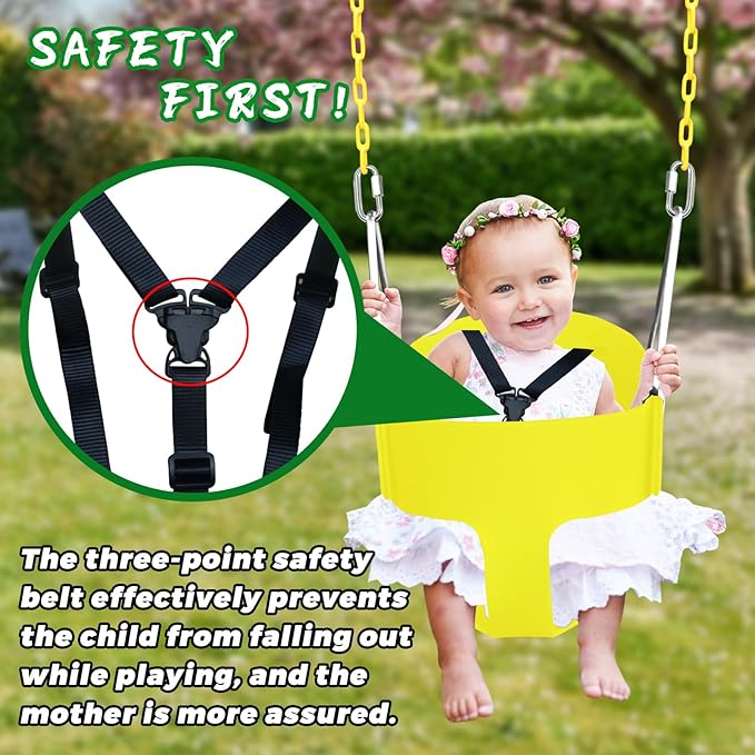 High Back Full Bucket Toddler Swing Seat with 3- Point Adjustable Safety Harness, 66 inch Detachable Chain,Suitable for Babies Aged 6-24 Months，Baby Swing for Swingset (Yellow)