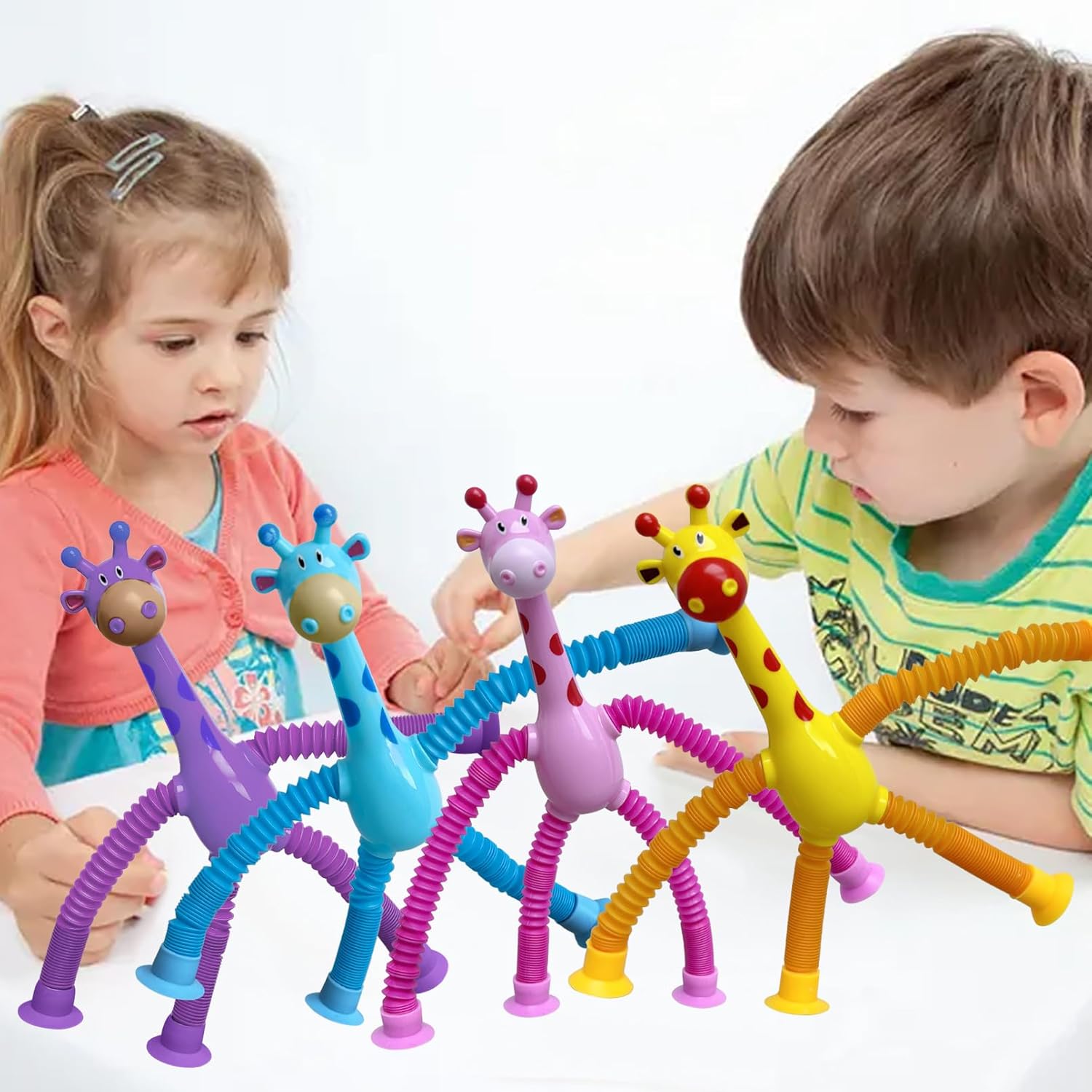 Suction Cup Pop Tubes Giraffe Toy 4PCS, Telescopic Sensory Fidget Toys Funny Shape Changing for Kids Boys Girls Adult Giraffe