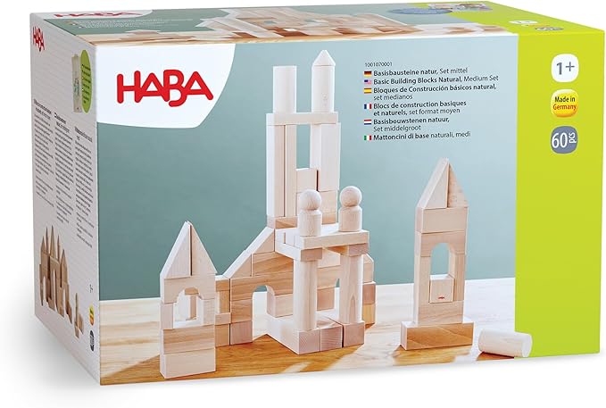 HABA Wooden Building Blocks 60 Piece Set, Ideal Toddler Blocks for Ages 2-4 & Kids Stacking Toys for Ages 1 and Up for Open-Ended Play, Made in Germany