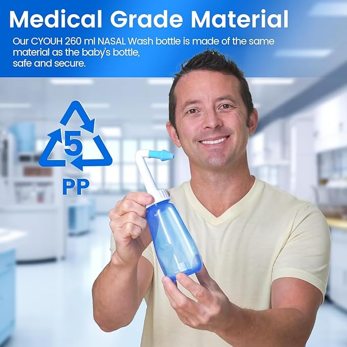 Neti Pot Sinus Rinse Bottle 260 ML with 60 Nasal Wash Salt Packets and Sticker Thermometer Nose Wash Cleaner Pressure Rinse Nasal Irrigation for Adult & Kid BPA Free (Blue)