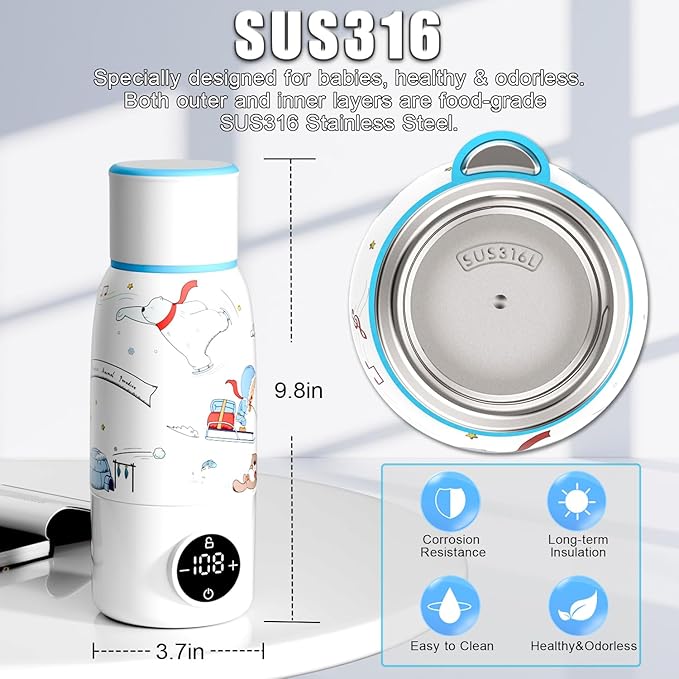Portable Bottle Warmer, Travel Formula Milk Warmer for Baby, 17oz Water Warmer On The Go with 3min-Rapid-Heat Fast Charge Cordless Formula Warmer Temp Control Baby Travel Essential Xams Gift