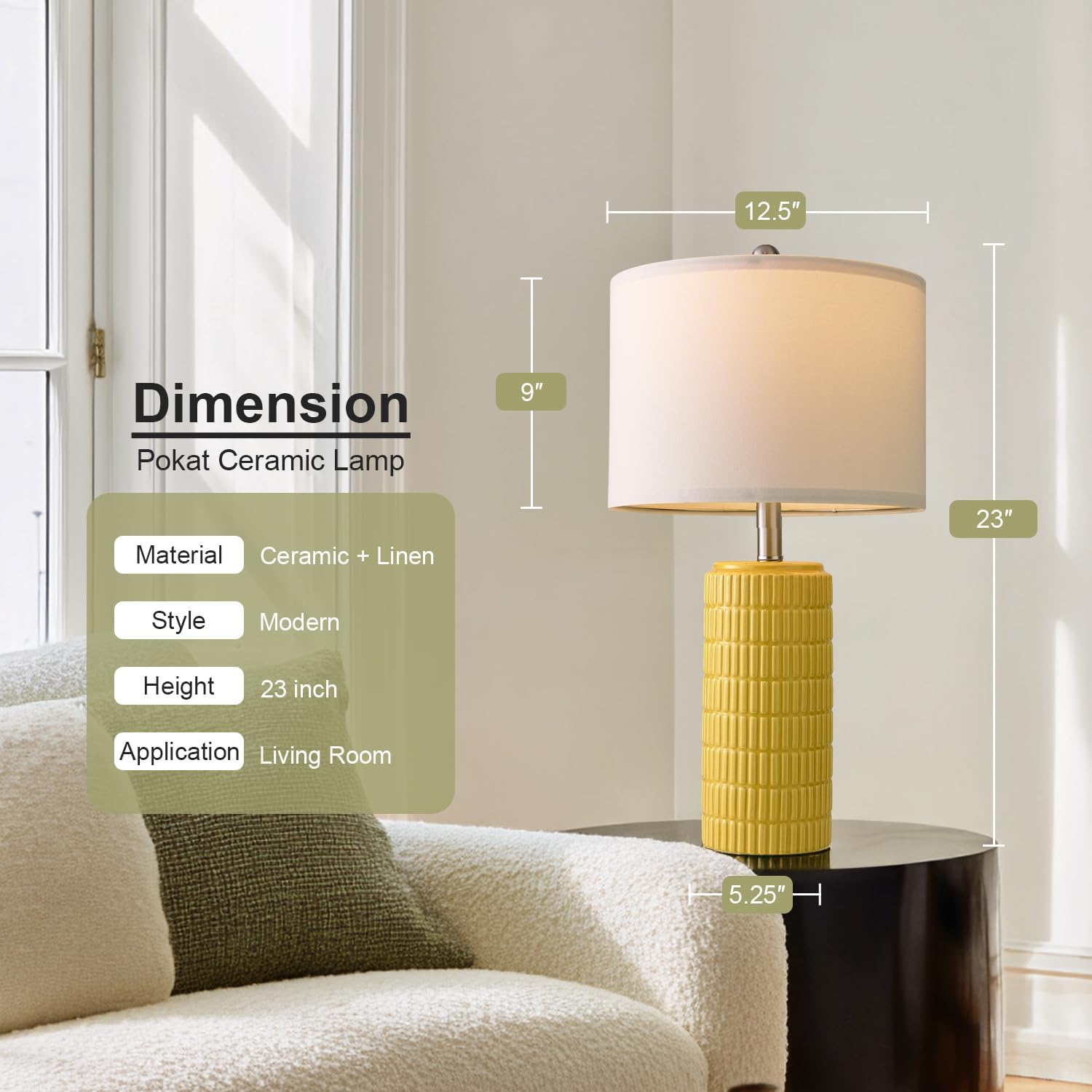 PoKat 23" Yellow Table Lamps Set of 2, Modern Living Room End Table Lamps Decor, Ceramic Lamps for Living Room, Contemporary Nightstand Lamps for Side Console Table Hallway Gift