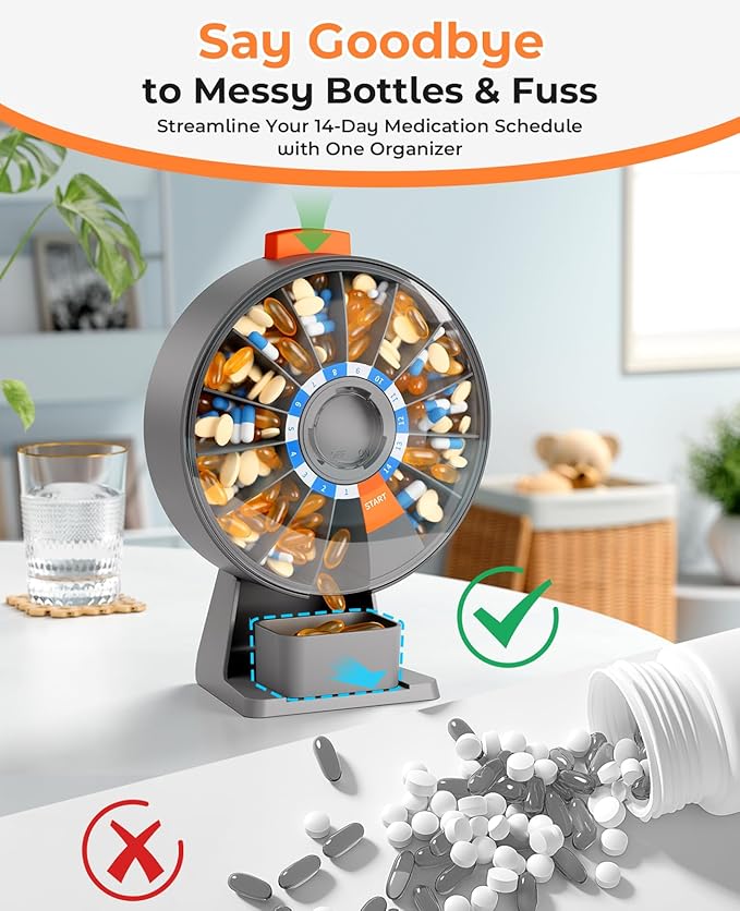 Daviky Pill Dispenser Daily, Large Pill Organizer with Wall-Mounted or Standing Use, 14 Days Pill Container, Push Button Design, Weekly Pill Box for Vitamin, Medicine,Supplement, Fish Oil(Gray)