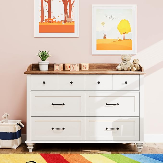 WAMPAT Dresser for Kids Bedroom with 6 Drawers, Mid Century Baby Dresser Wide Chest of Drawers with Storage Cabinet Organizer for Nursery, Living Room, Off White