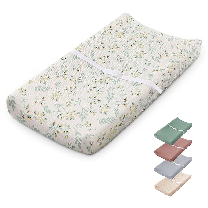 Blissful Diary Muslin Baby Changing Pad with Waterproof Lining Foam, Diaper Changing Table Pad with Cover for Dressers (Botanical Leaf, Rectangular)